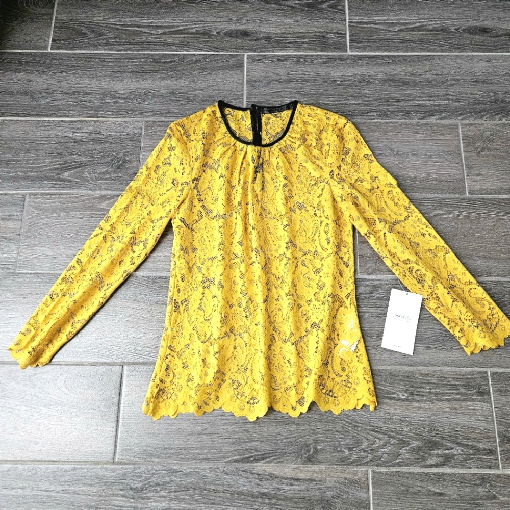 New Zara The Trafaluc Collection Mustard Yellow Lace Top w/ Black Trim - Size S.